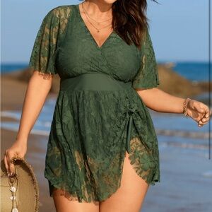 Elegant Dark Green Lace Swim Dress with Cover-Up